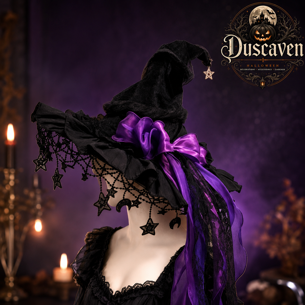 Chapeau de sorcière Halloween en velours noir et dentelle, pendentif lune, accessoire cosplay gothique pour mascarade et fête