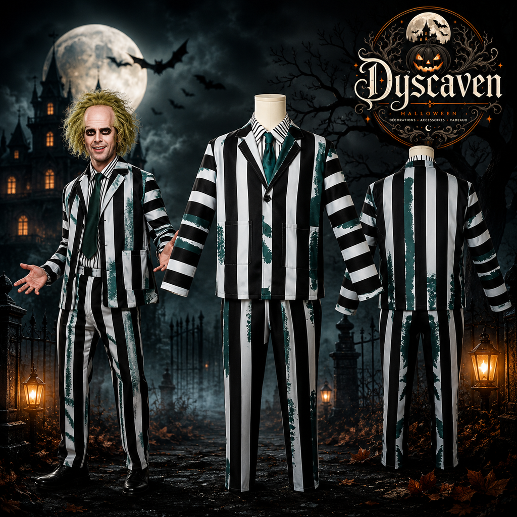 Costume homme à rayures noir et blanc avec perruque, tenue cosplay horreur adulte pour Halloween, carnaval et fête costumée