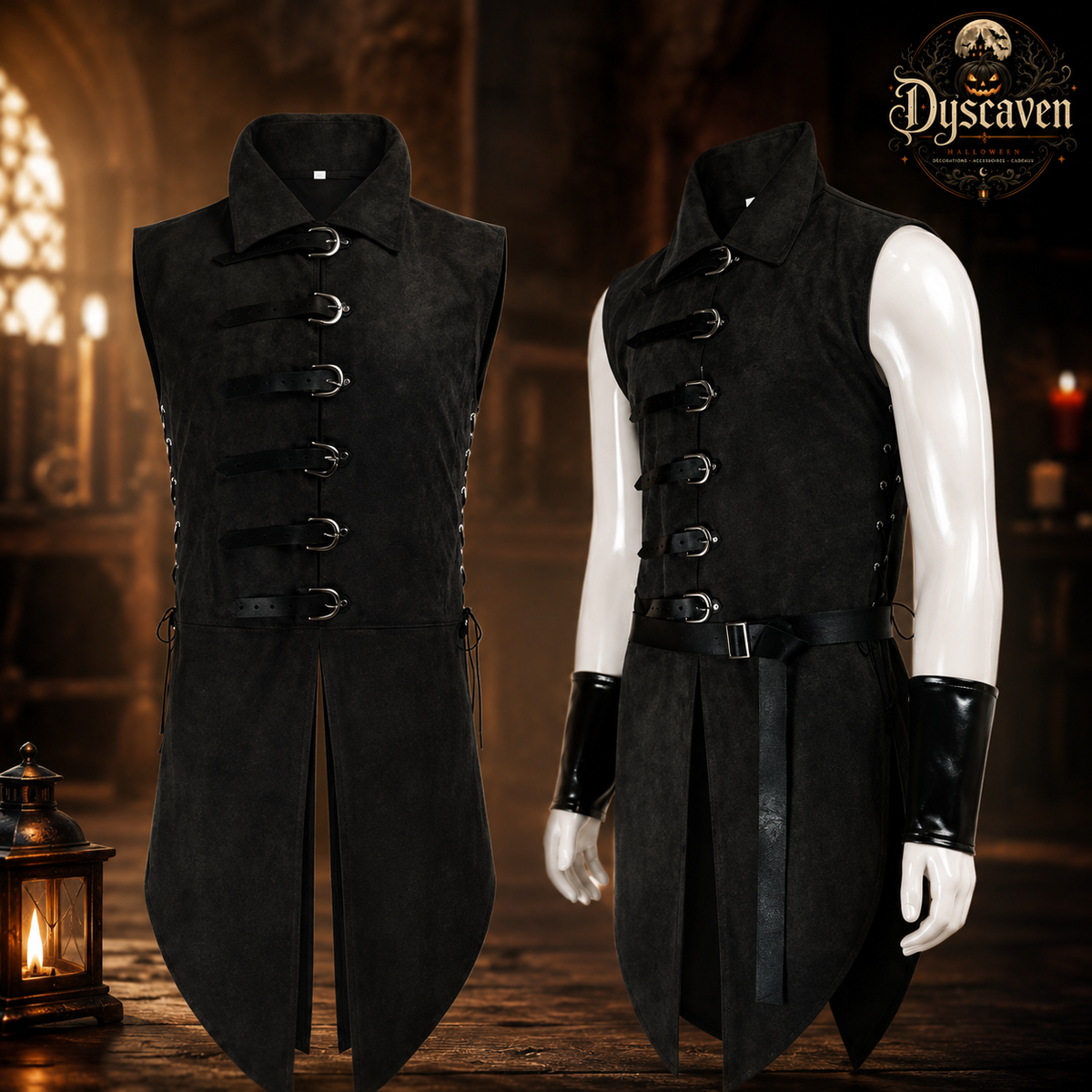 Gilet médiéval long homme noir ou vert, tunique sans manches style ranger assassin, costume LARP Halloween S à XXL