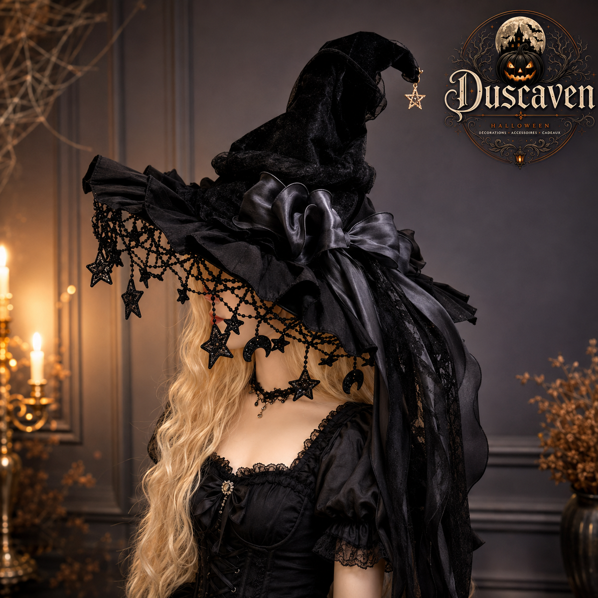 Chapeau de sorcière Halloween en velours noir et dentelle, pendentif lune, accessoire cosplay gothique pour mascarade et fête