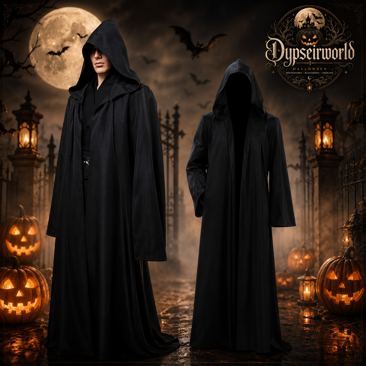 Cape noire de guerrier adulte à capuche, robe de vampire unisexe, costume de cosplay Halloween, Noël et fête costumée
