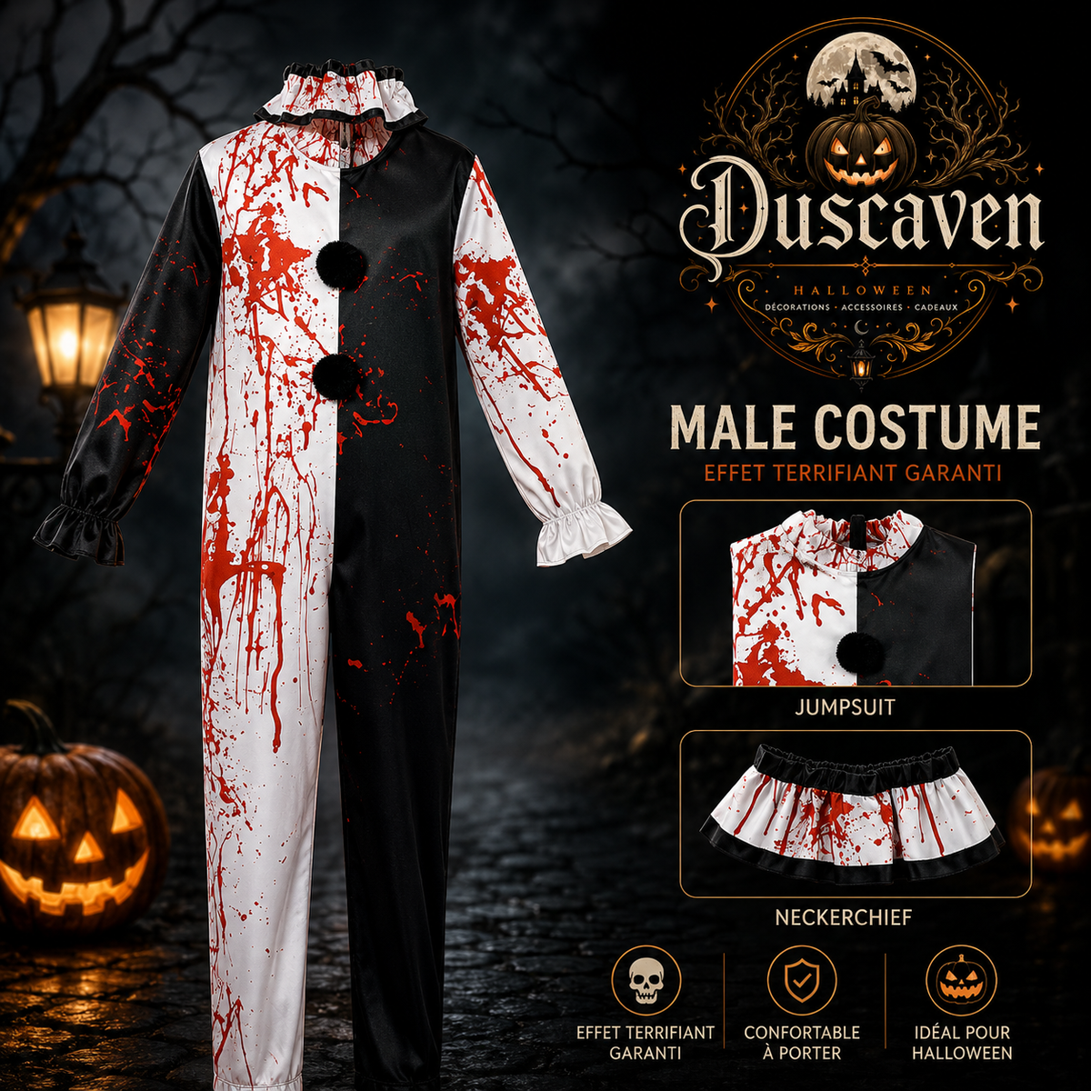 Costume cosplay clown tueur adulte, ensemble complet noir et blanc avec masque, tenue Halloween style horreur