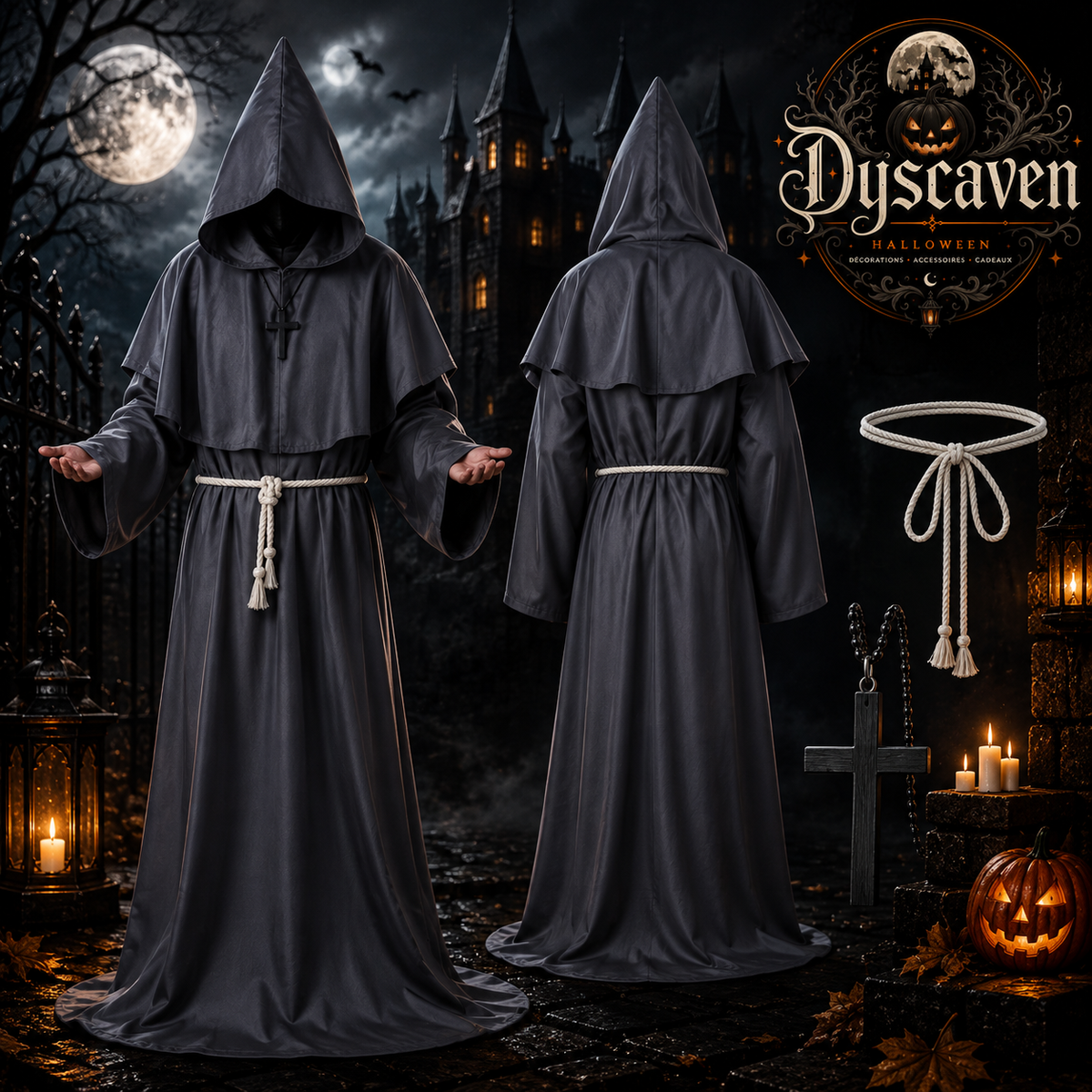 Tenue complète de moine médiéval à capuche avec corde et croix, costume sorcier chevalier cosplay Halloween adulte ado