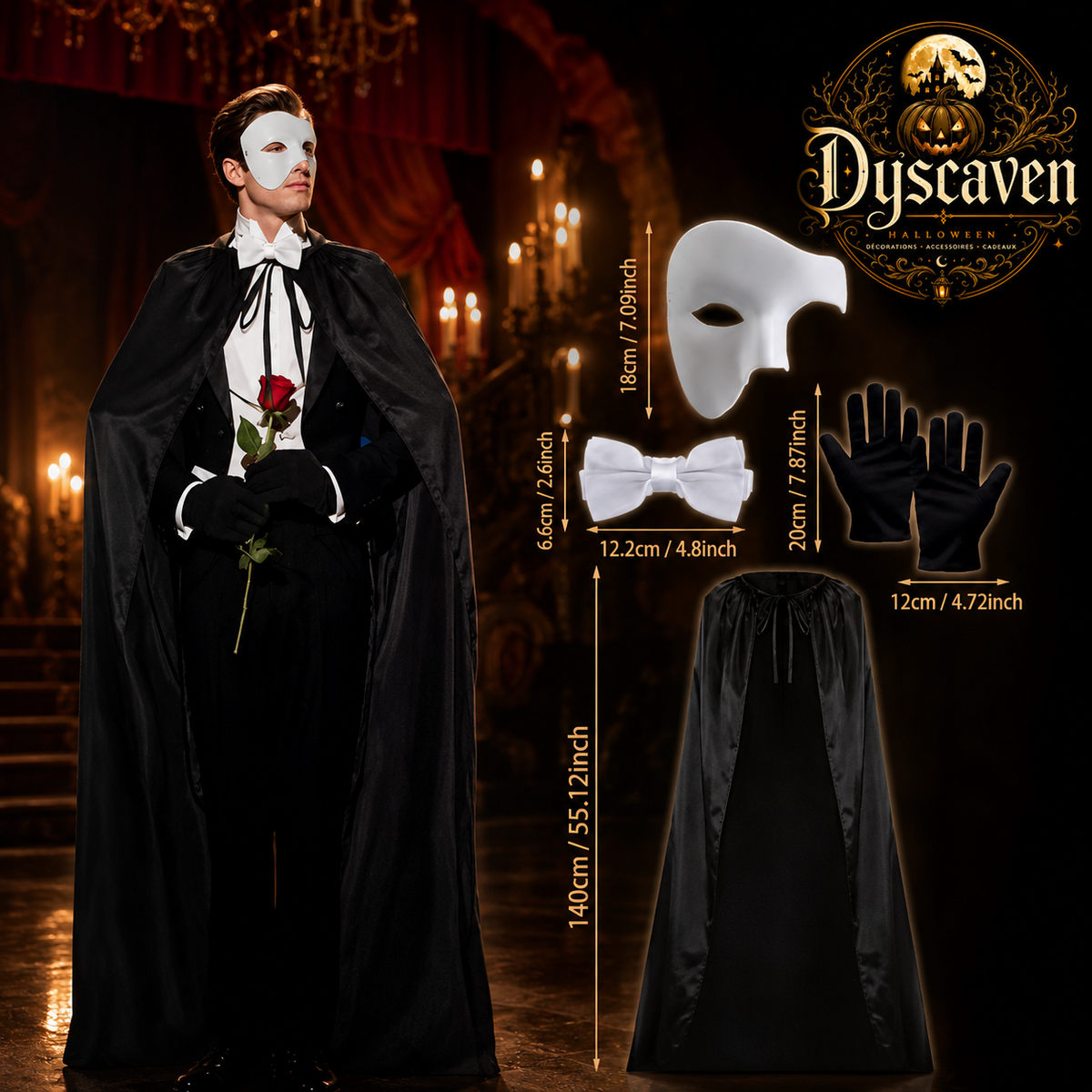 Kit costume fantôme homme avec cape noire, demi-masque, gants et nœud papillon, déguisement Halloween et cosplay