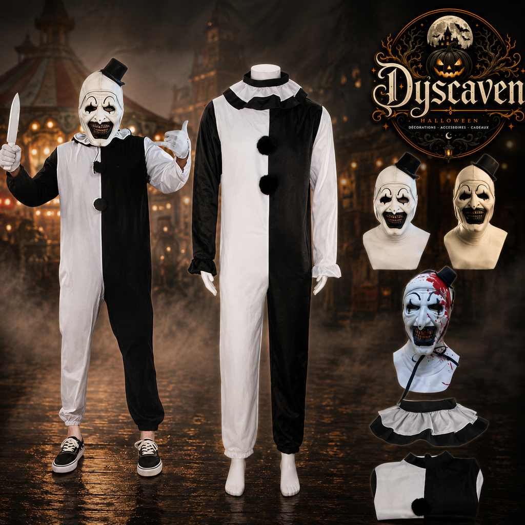 Costume cosplay clown tueur adulte, ensemble complet noir et blanc avec masque, tenue Halloween style horreur