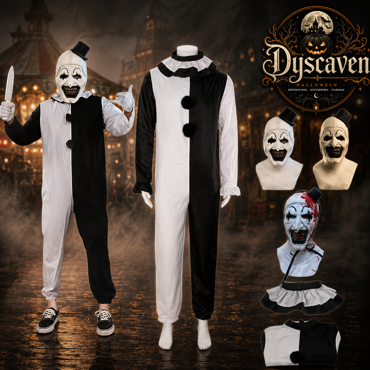 Costume cosplay clown tueur adulte, ensemble complet noir et blanc avec masque, tenue Halloween style horreur