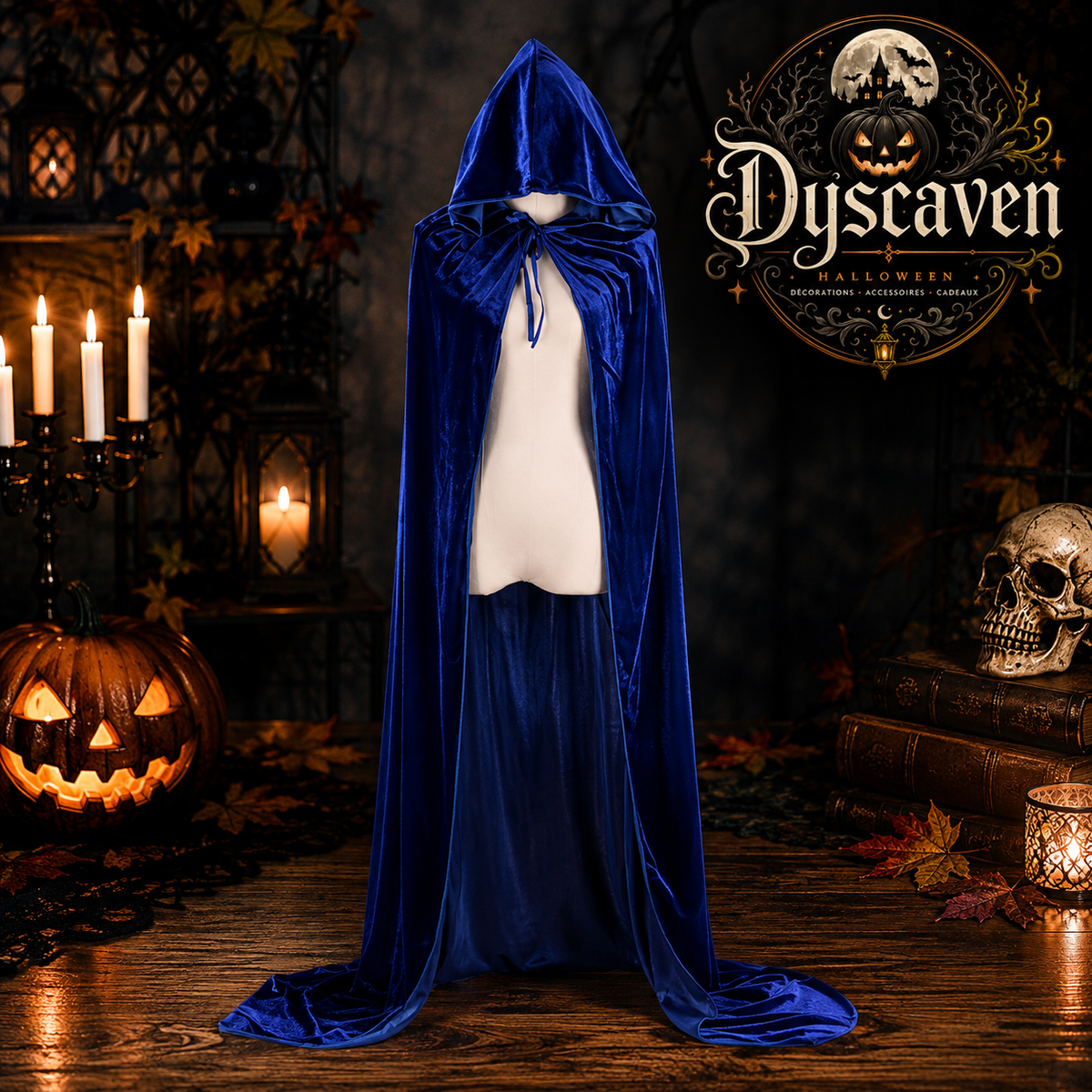 Cape longue en velours noir à capuche, costume médiéval unisexe de sorcière, magicien pour Halloween et Noël
