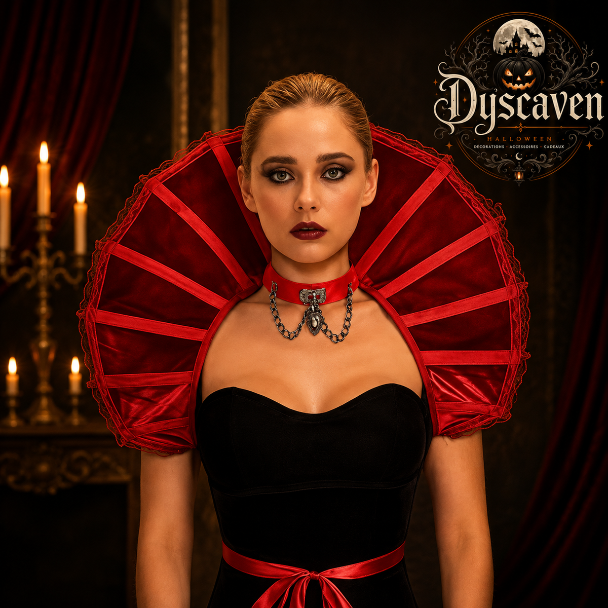 Cape gothique victorienne noire et rouge avec col vampire, accessoire costume femme pour Halloween, cosplay et carnaval