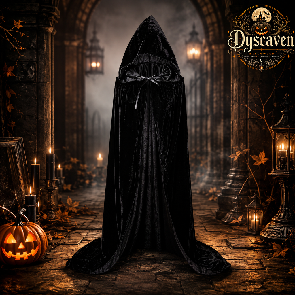 Cape longue en velours noir à capuche, costume médiéval unisexe de sorcière, magicien pour Halloween et Noël