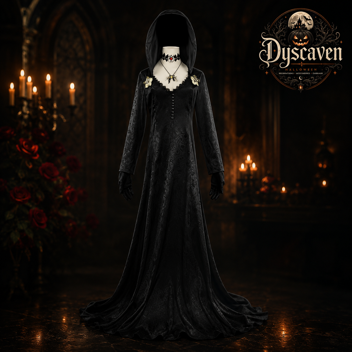 Robe longue cosplay gothique femme style vampire Village, costume Halloween noir ou ivoire pour scène, fête et convention