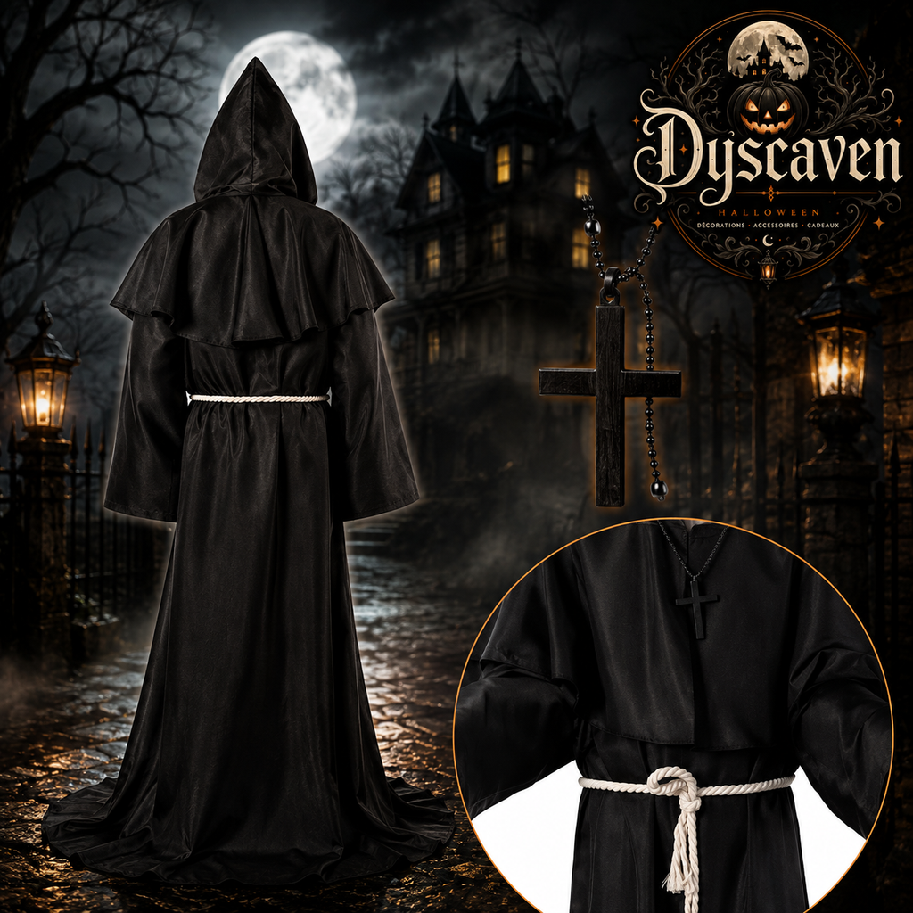 Tenue complète de moine médiéval à capuche avec corde et croix, costume sorcier chevalier cosplay Halloween adulte ado