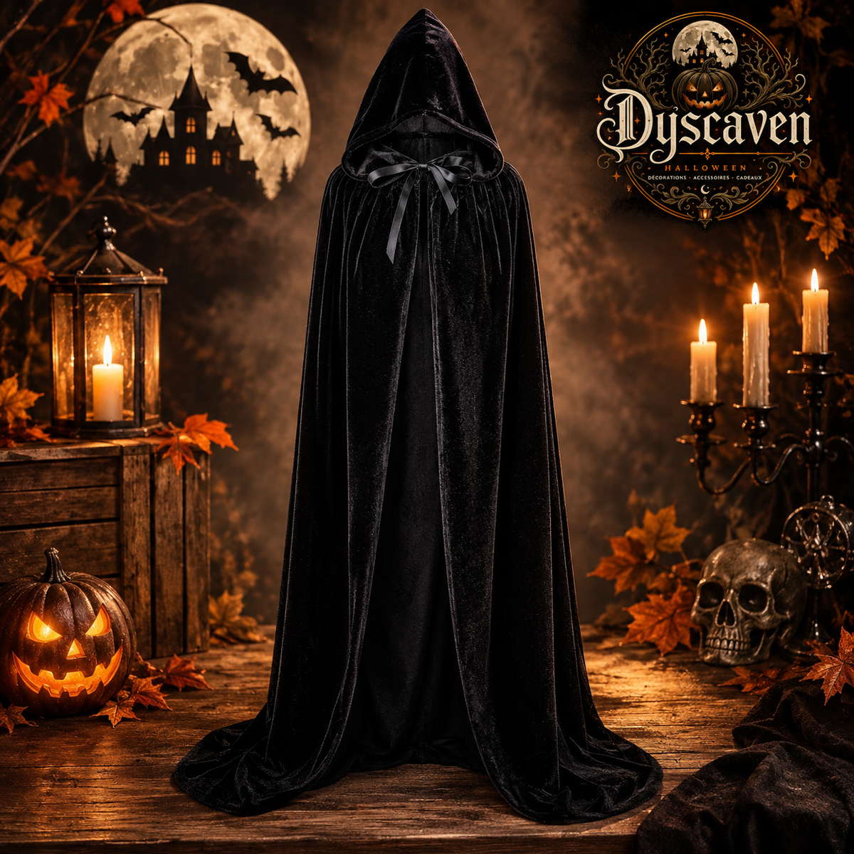 Cape longue en velours noir à capuche, costume médiéval unisexe de sorcière, magicien pour Halloween et Noël