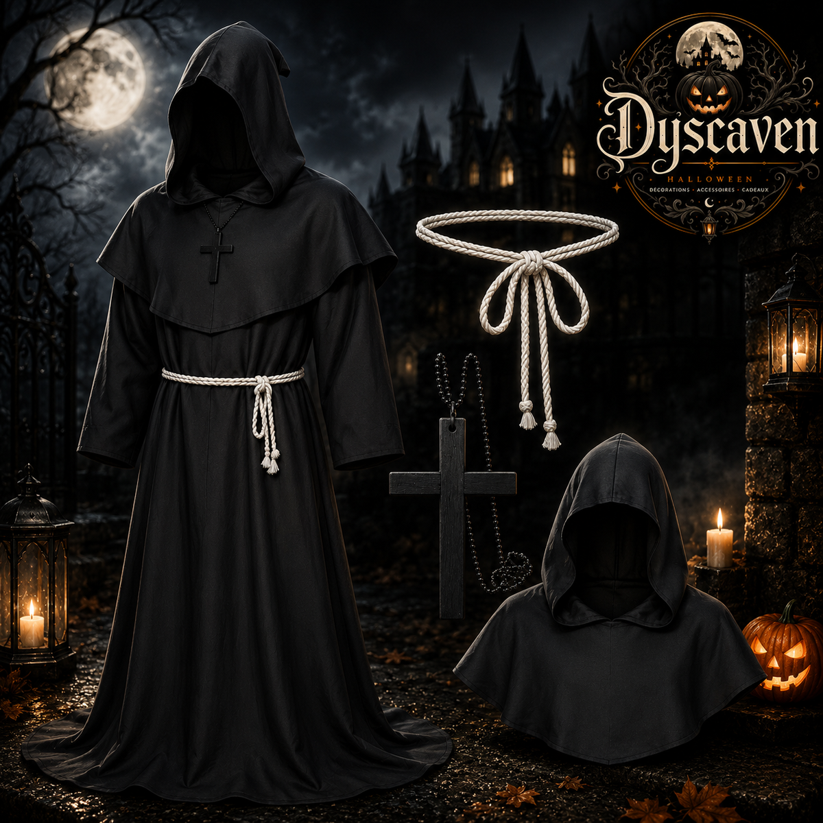 Tenue complète de moine médiéval à capuche avec corde et croix, costume sorcier chevalier cosplay Halloween adulte ado