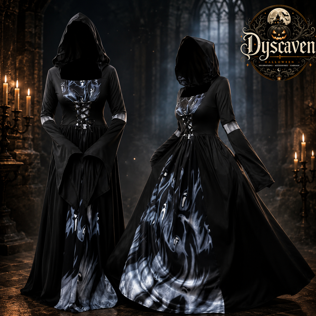 Robe gothique noire longue à capuche femme, corsage orné et manches évasées, costume sorcière vampire Halloween