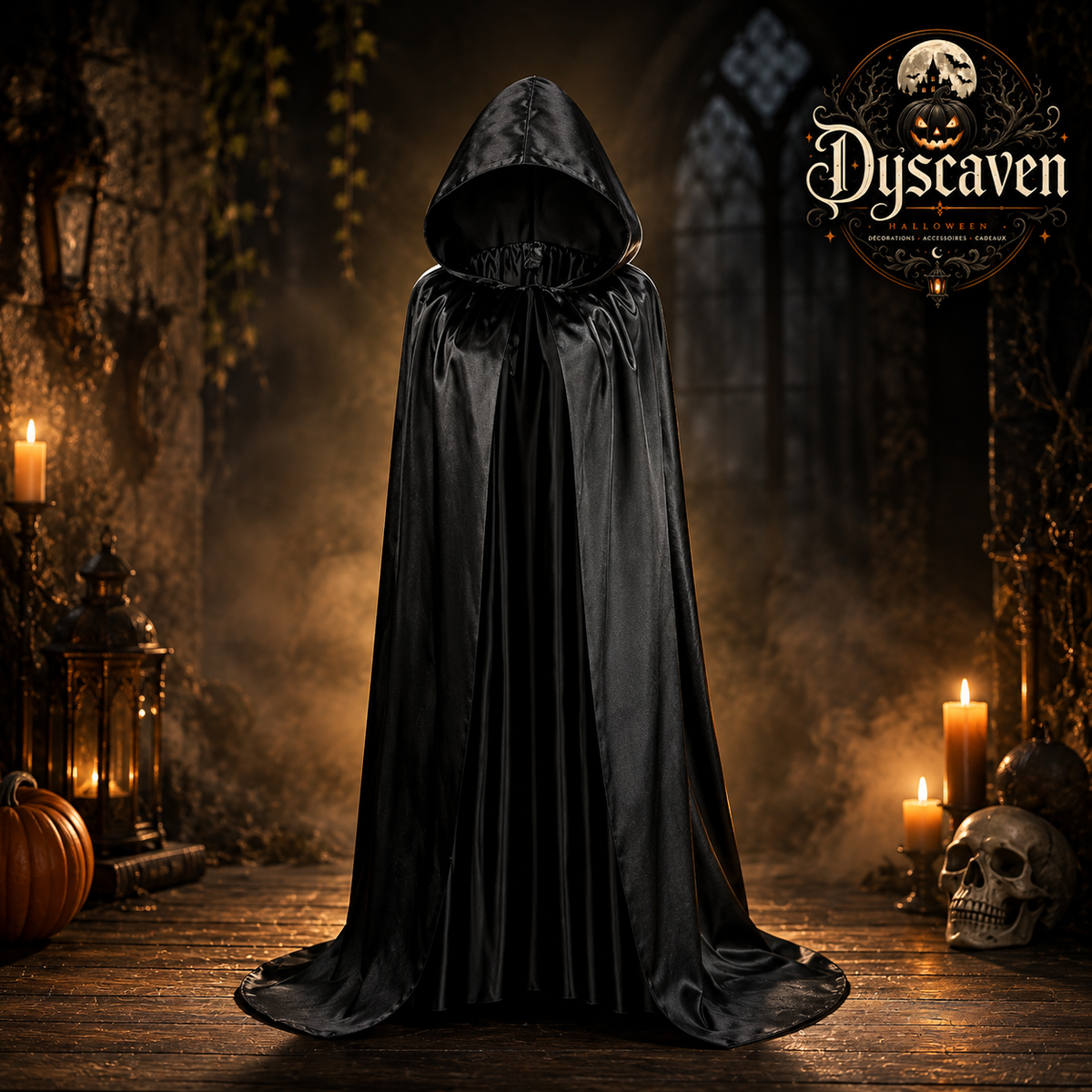 Cape noire à capuche longue adulte, costume Halloween sorcière et magicien, accessoire cosplay gothique pour fête masquée