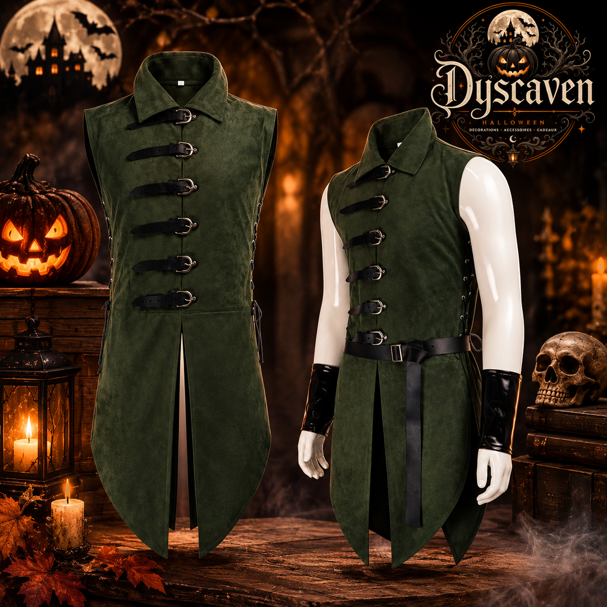 Gilet médiéval long homme noir ou vert, tunique sans manches style ranger assassin, costume LARP Halloween S à XXL
