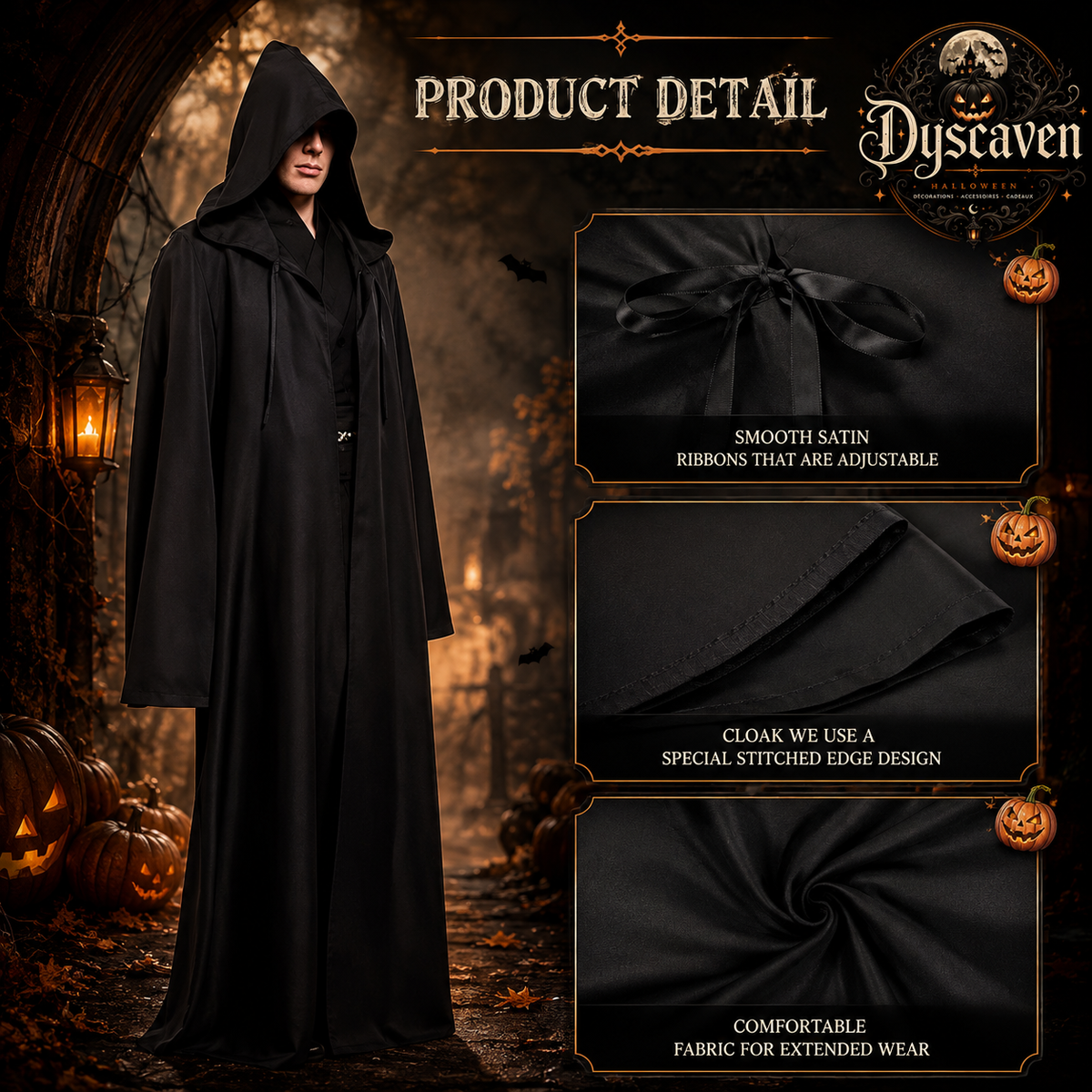 Cape noire de guerrier adulte à capuche, robe de vampire unisexe, costume de cosplay Halloween, Noël et fête costumée