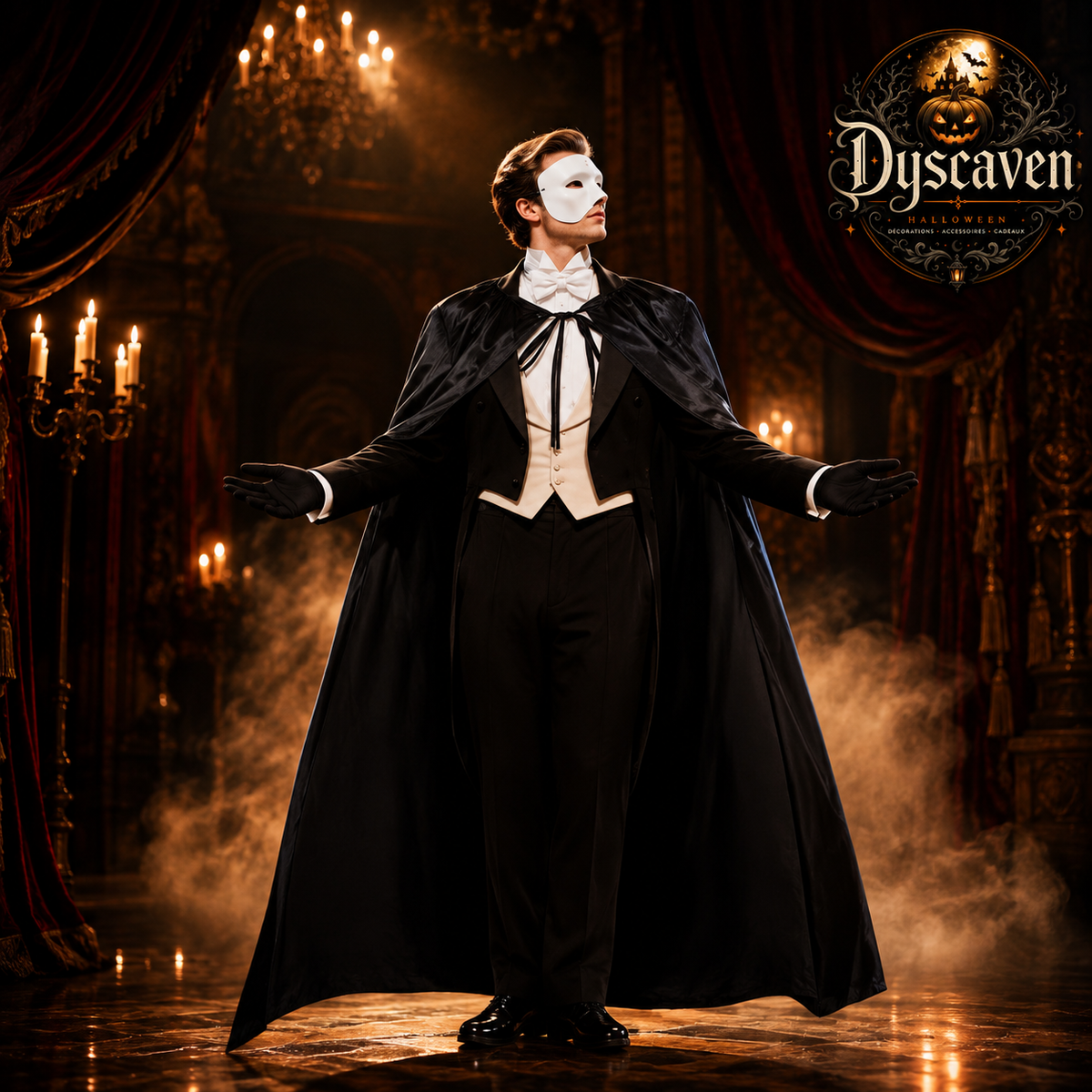 Kit costume fantôme homme avec cape noire, demi-masque, gants et nœud papillon, déguisement Halloween et cosplay
