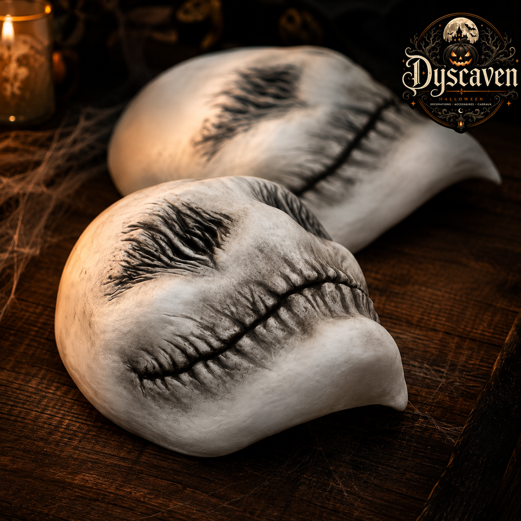 Masque d’horreur blanc en latex, visage fin au sourire inquiétant, accessoire de cosplay et déguisement Halloween