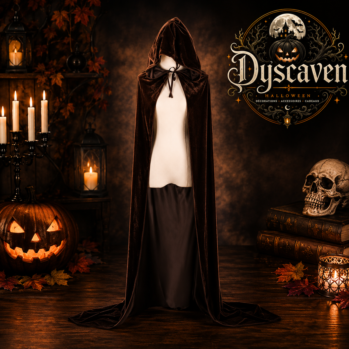 Cape longue en velours noir à capuche, costume médiéval unisexe de sorcière, magicien pour Halloween et Noël