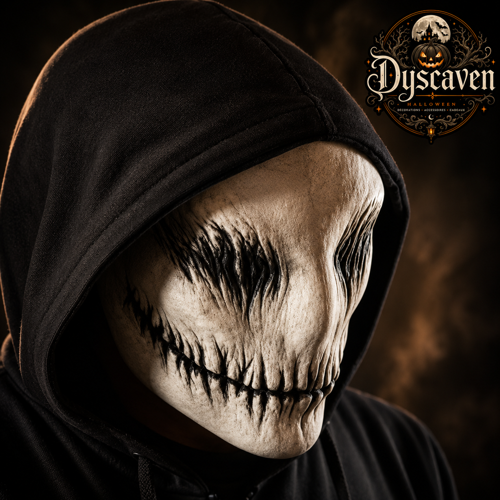 Masque d’horreur blanc en latex, visage fin au sourire inquiétant, accessoire de cosplay et déguisement Halloween