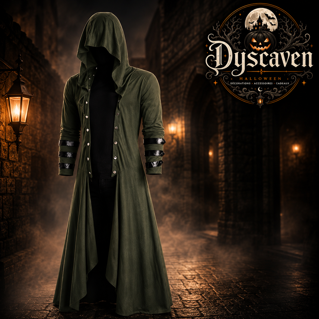 Manteau gothique long à capuche unisexe, style victorien steampunk vampire, costume cosplay noir pour Halloween