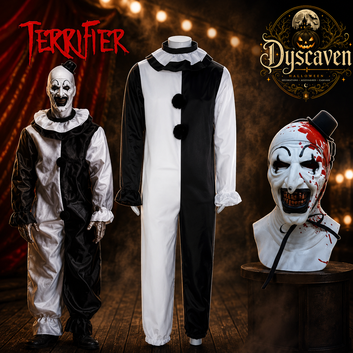 Costume cosplay clown tueur adulte, ensemble complet noir et blanc avec masque, tenue Halloween style horreur