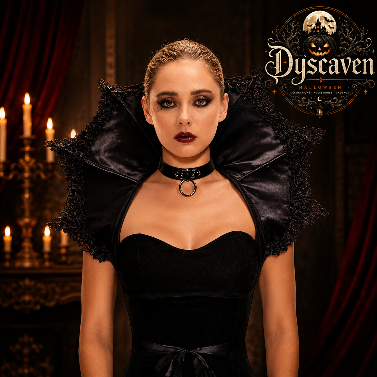 Cape gothique victorienne noire et rouge avec col vampire, accessoire costume femme pour Halloween, cosplay et carnaval