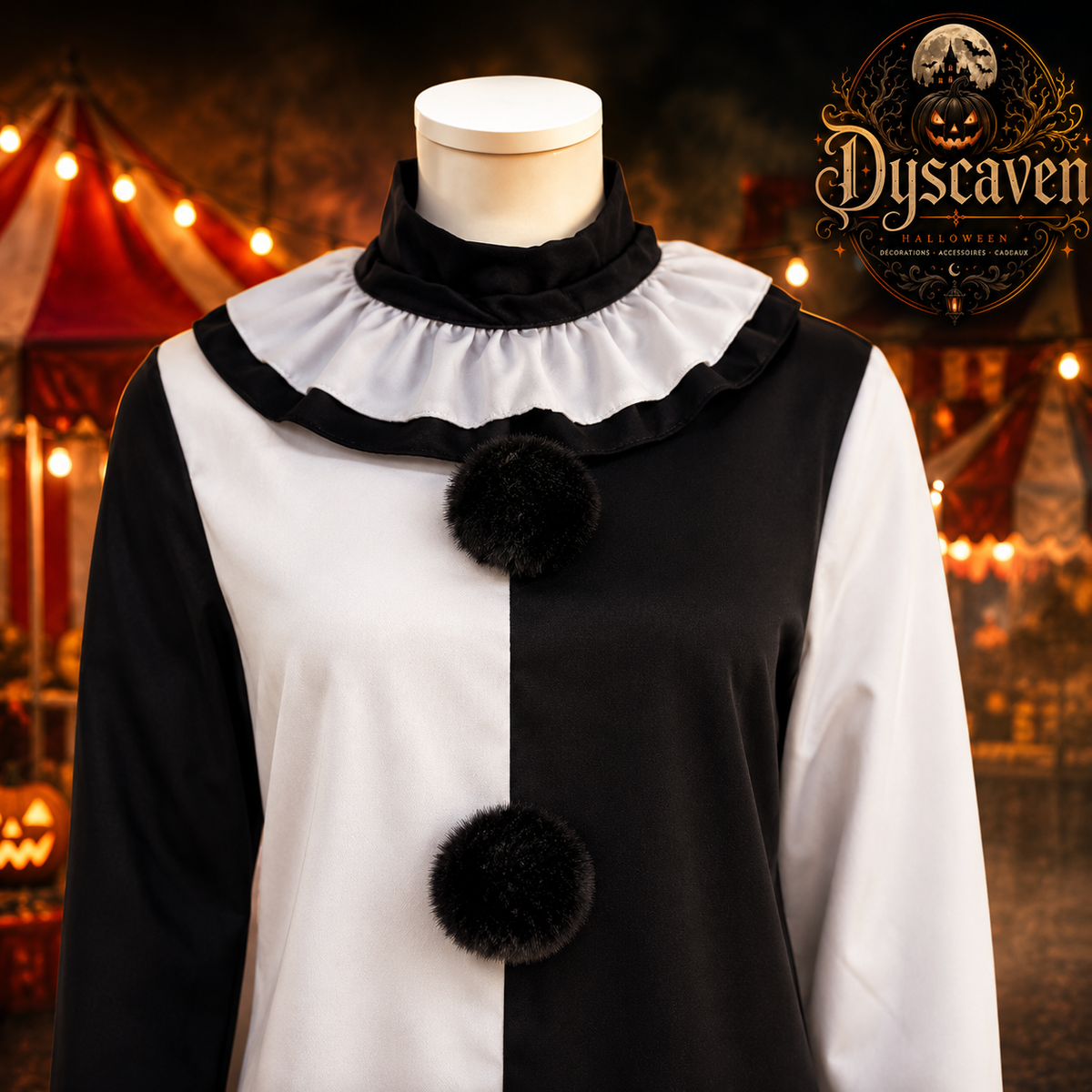 Costume cosplay clown tueur adulte, ensemble complet noir et blanc avec masque, tenue Halloween style horreur
