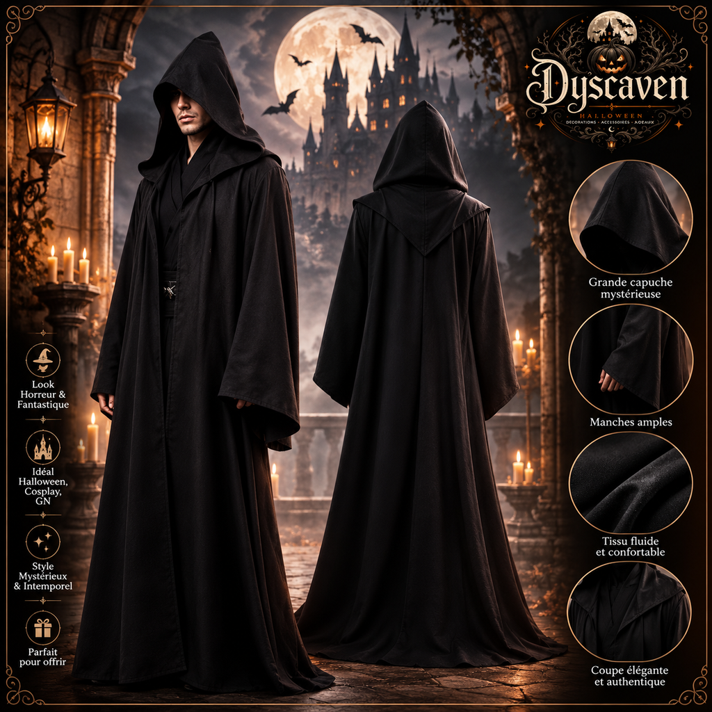 Cape noire de guerrier adulte à capuche, robe de vampire unisexe, costume de cosplay Halloween, Noël et fête costumée