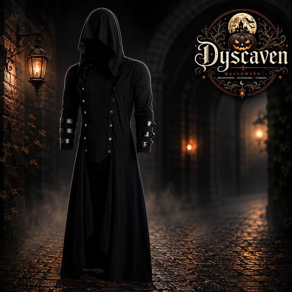 Manteau gothique long à capuche unisexe, style victorien steampunk vampire, costume cosplay noir pour Halloween
