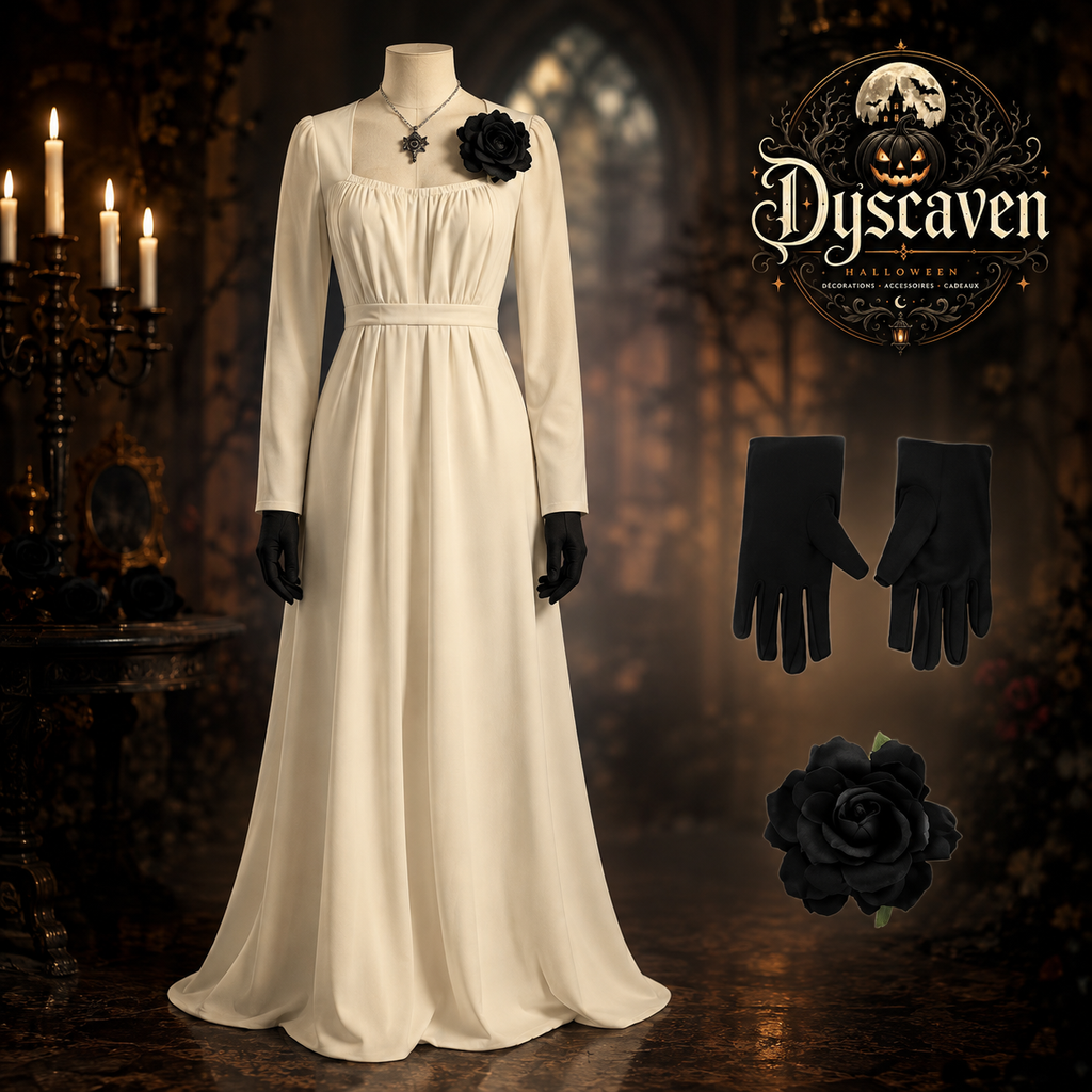 Robe longue cosplay gothique femme style vampire Village, costume Halloween noir ou ivoire pour scène, fête et convention