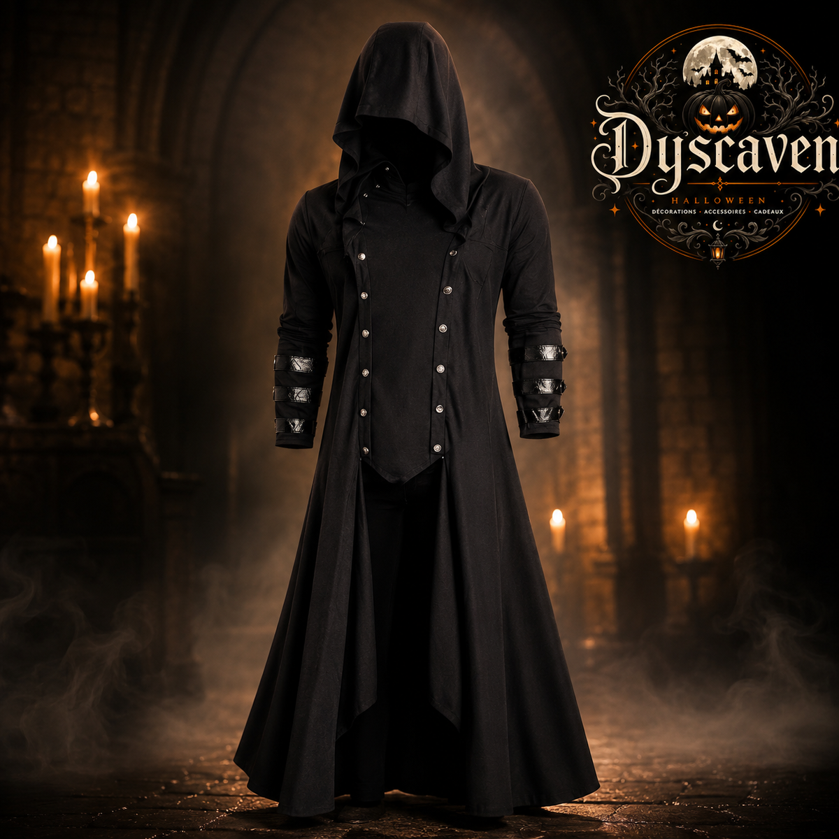 Manteau gothique long à capuche unisexe, style victorien steampunk vampire, costume cosplay noir pour Halloween