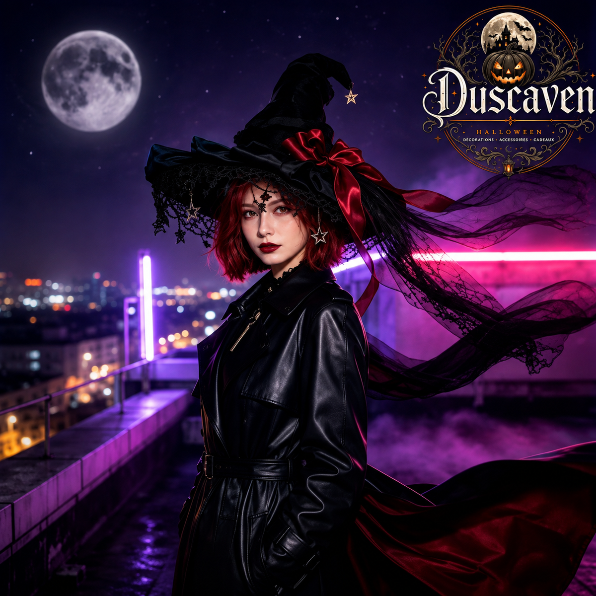 Chapeau de sorcière Halloween en velours noir et dentelle, pendentif lune, accessoire cosplay gothique pour mascarade et fête