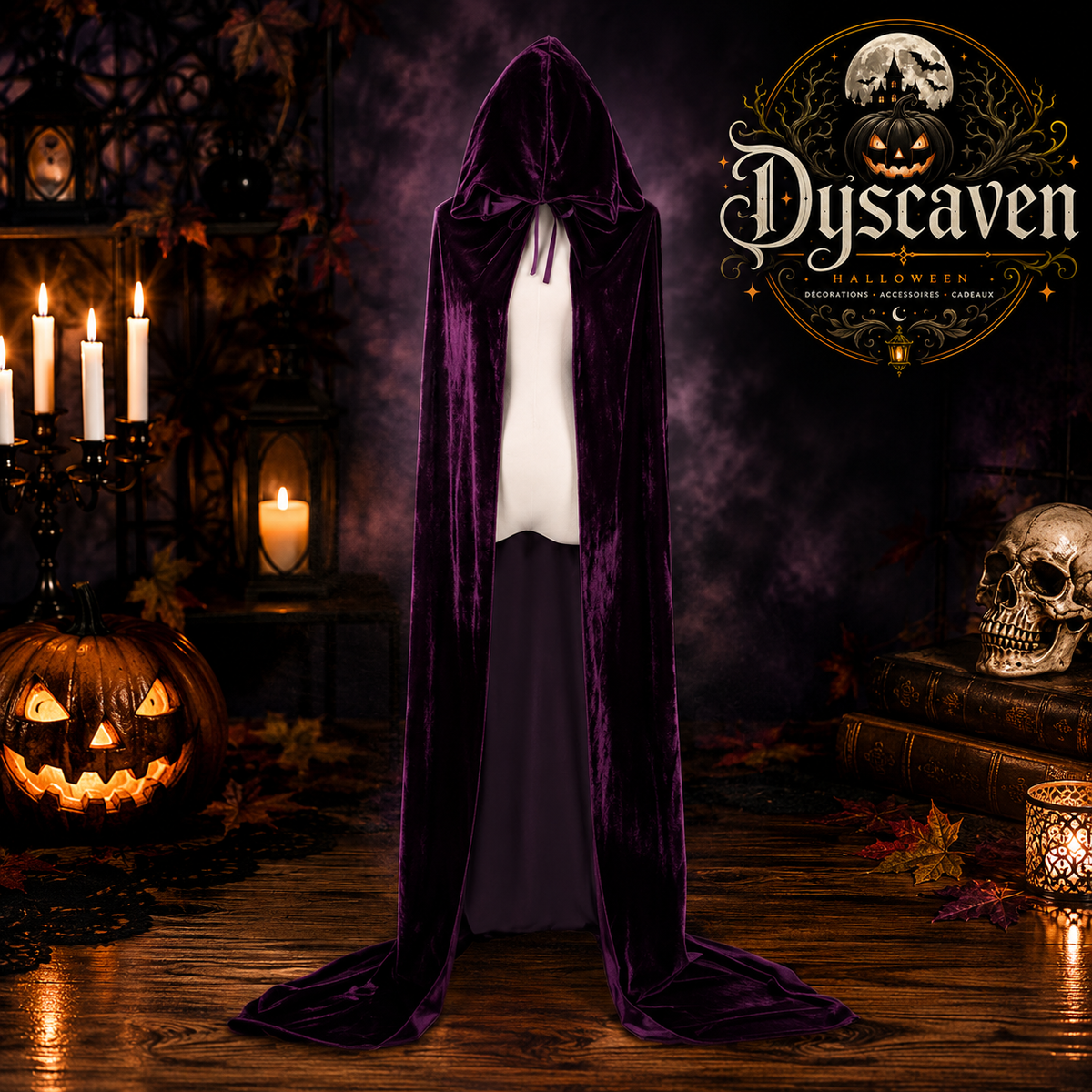 Cape longue en velours noir à capuche, costume médiéval unisexe de sorcière, magicien pour Halloween et Noël