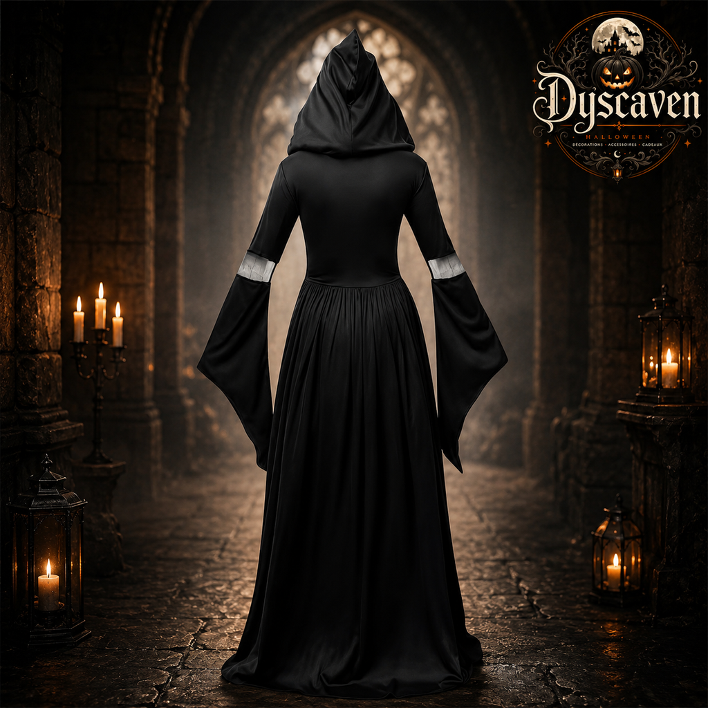 Robe gothique noire longue à capuche femme, corsage orné et manches évasées, costume sorcière vampire Halloween
