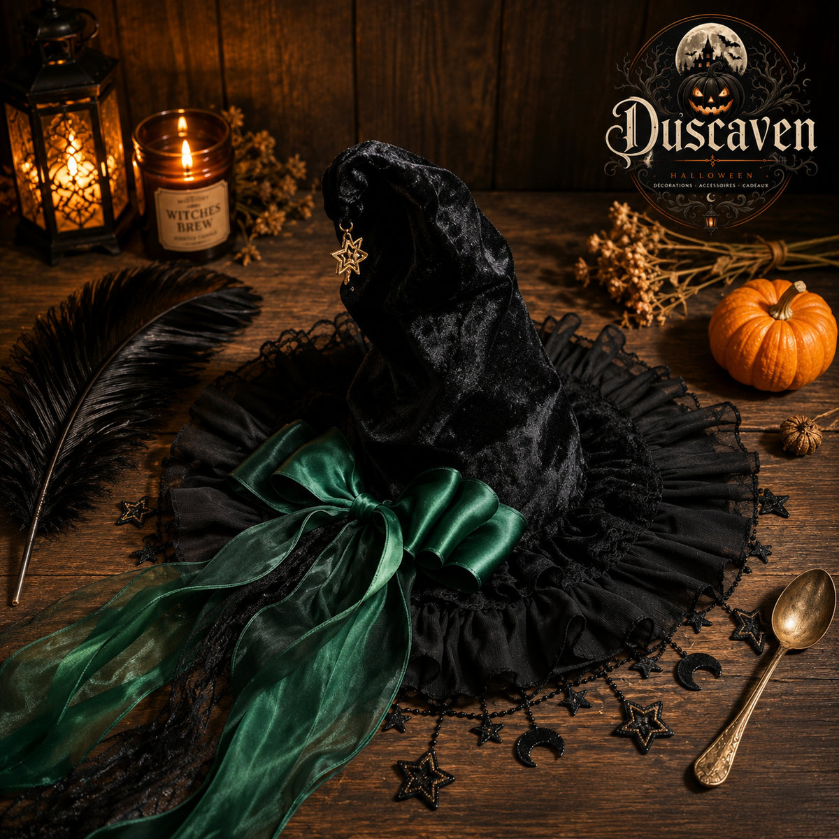 Chapeau de sorcière Halloween en velours noir et dentelle, pendentif lune, accessoire cosplay gothique pour mascarade et fête