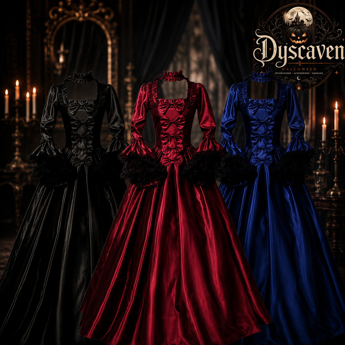 Robe gothique victorienne longue femme, tenue vampire bordeaux et noire, corsage orné et jupe ample pour Halloween