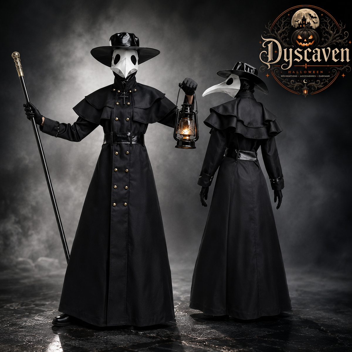 Costume médecin de peste médiéval homme, robe noire à capuche avec masque et chapeau, cosplay Halloween steampunk jusqu’au 5XL