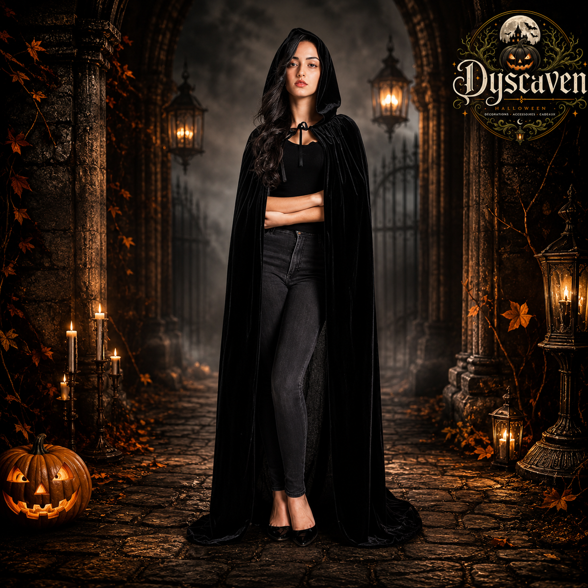 Cape longue en velours noir à capuche, costume médiéval unisexe de sorcière, magicien pour Halloween et Noël