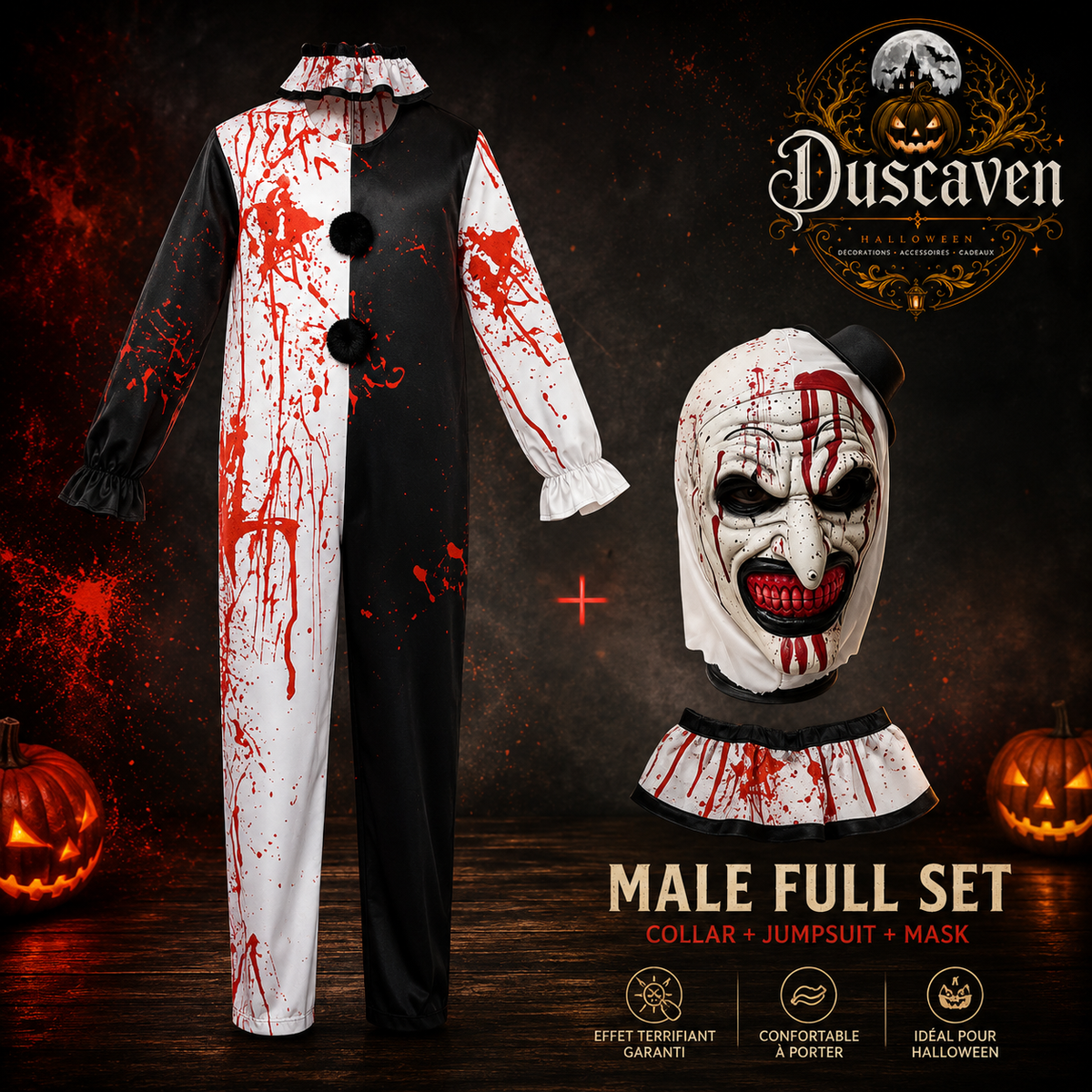 Costume cosplay clown tueur adulte, ensemble complet noir et blanc avec masque, tenue Halloween style horreur