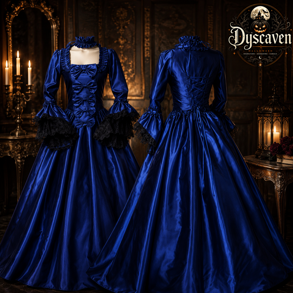 Robe gothique victorienne longue femme, tenue vampire bordeaux et noire, corsage orné et jupe ample pour Halloween