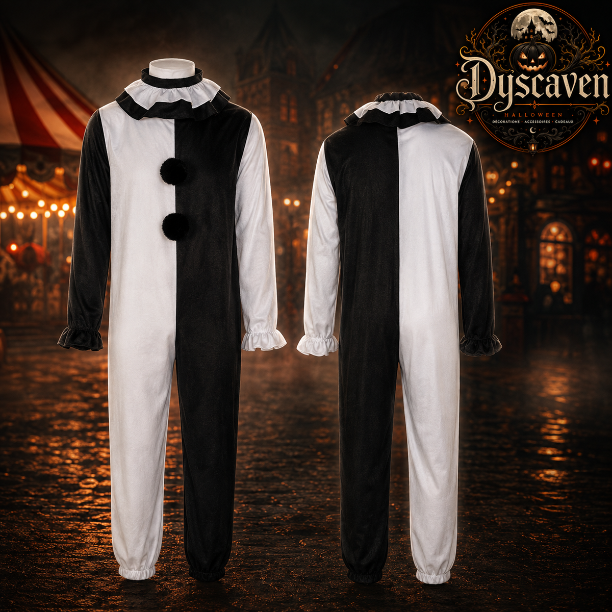Costume cosplay clown tueur adulte, ensemble complet noir et blanc avec masque, tenue Halloween style horreur