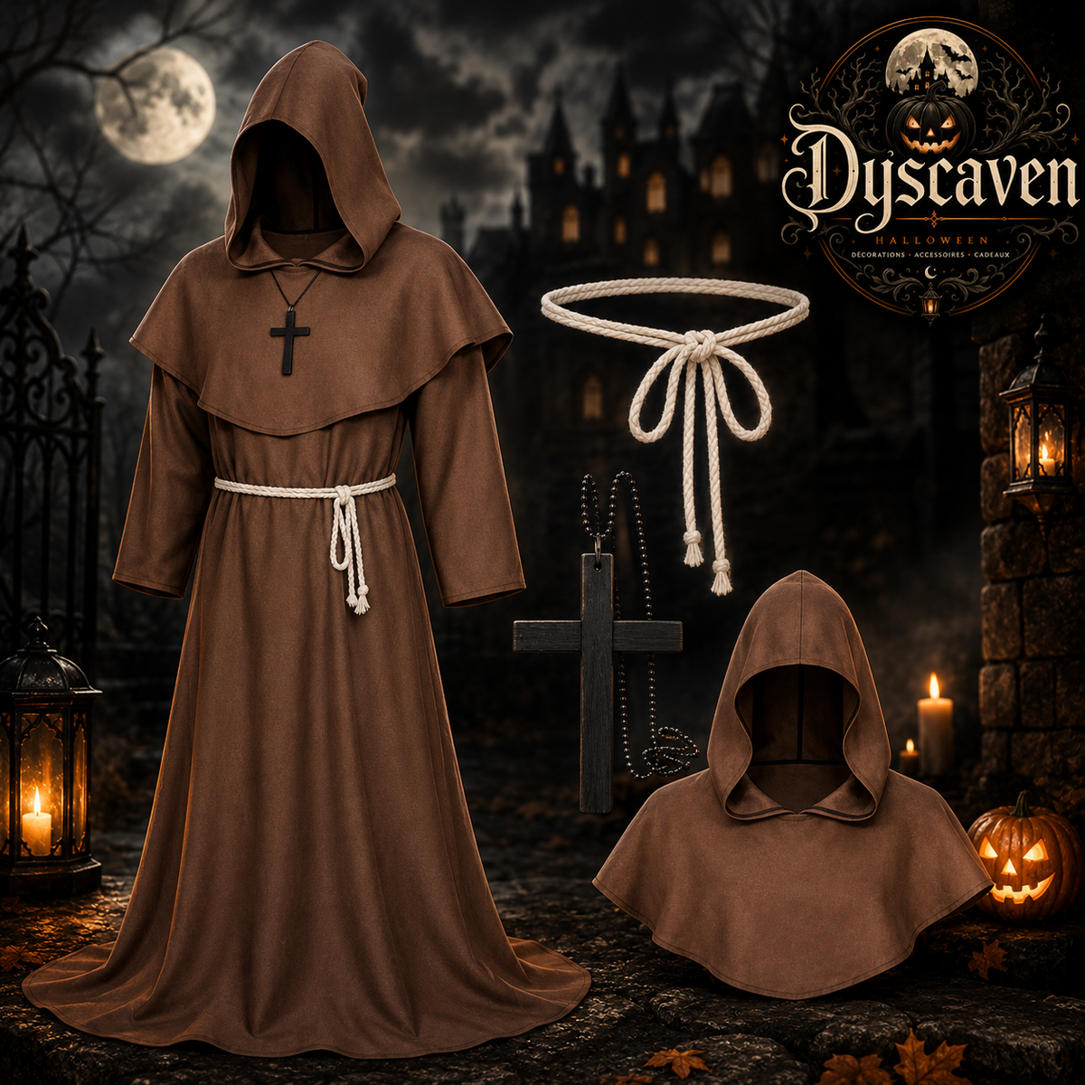 Tenue complète de moine médiéval à capuche avec corde et croix, costume sorcier chevalier cosplay Halloween adulte ado