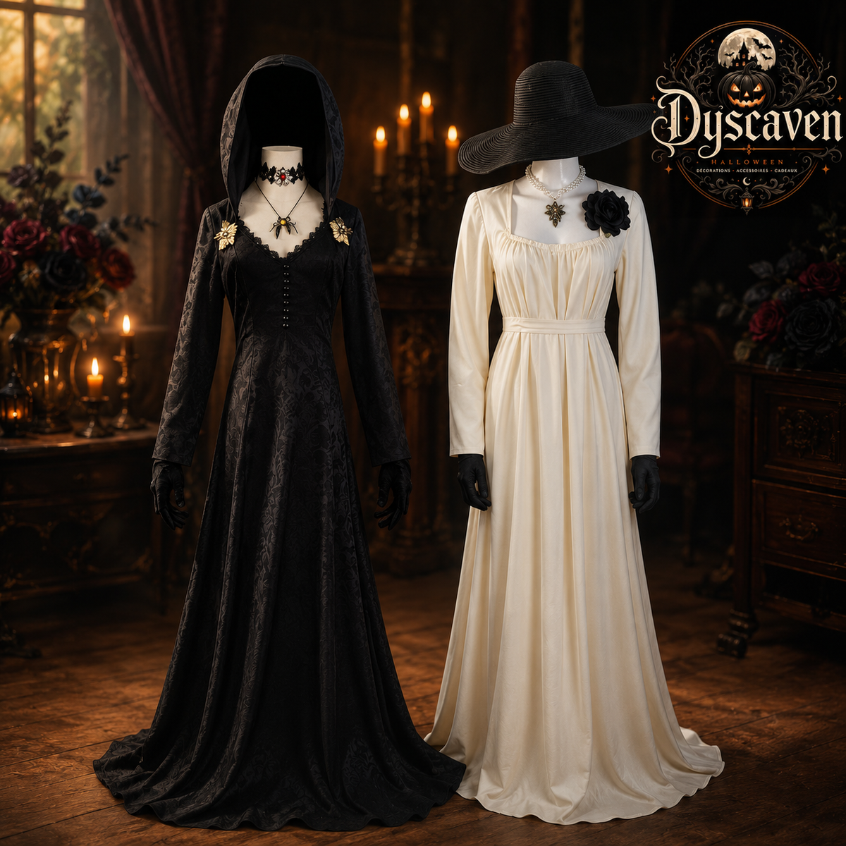 Robe longue cosplay gothique femme style vampire Village, costume Halloween noir ou ivoire pour scène, fête et convention