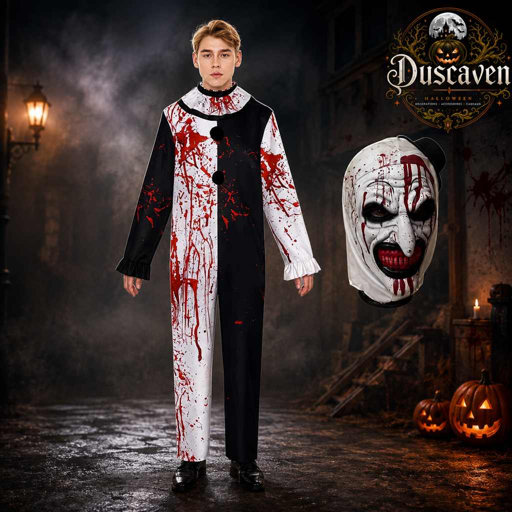 Costume cosplay clown tueur adulte, ensemble complet noir et blanc avec masque, tenue Halloween style horreur