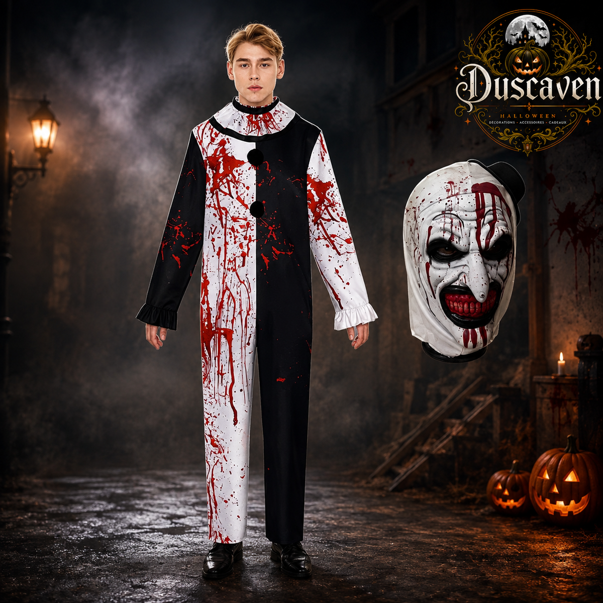 Costume cosplay clown tueur adulte, ensemble complet noir et blanc avec masque, tenue Halloween style horreur
