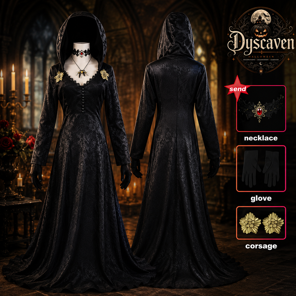 Robe longue cosplay gothique femme style vampire Village, costume Halloween noir ou ivoire pour scène, fête et convention
