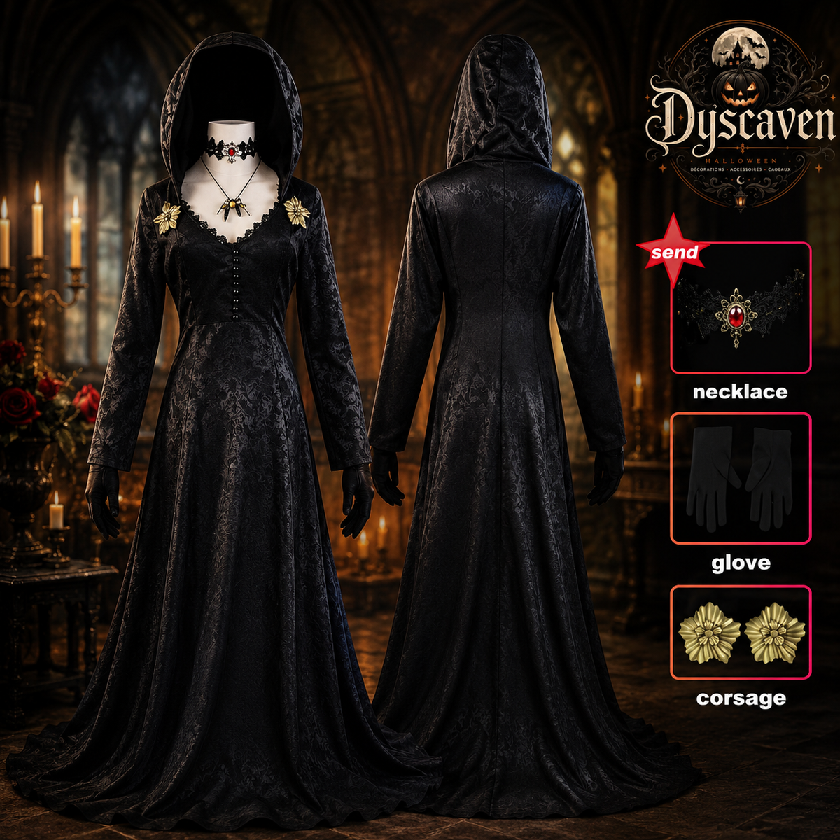 Robe longue cosplay gothique femme style vampire Village, costume Halloween noir ou ivoire pour scène, fête et convention