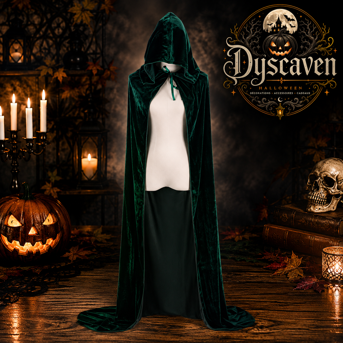 Cape longue en velours noir à capuche, costume médiéval unisexe de sorcière, magicien pour Halloween et Noël